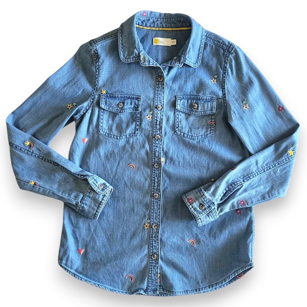 Boden Girls Denim Button Down Shirt Embroidered Stars Rainbow Hearts Size 13-14Y